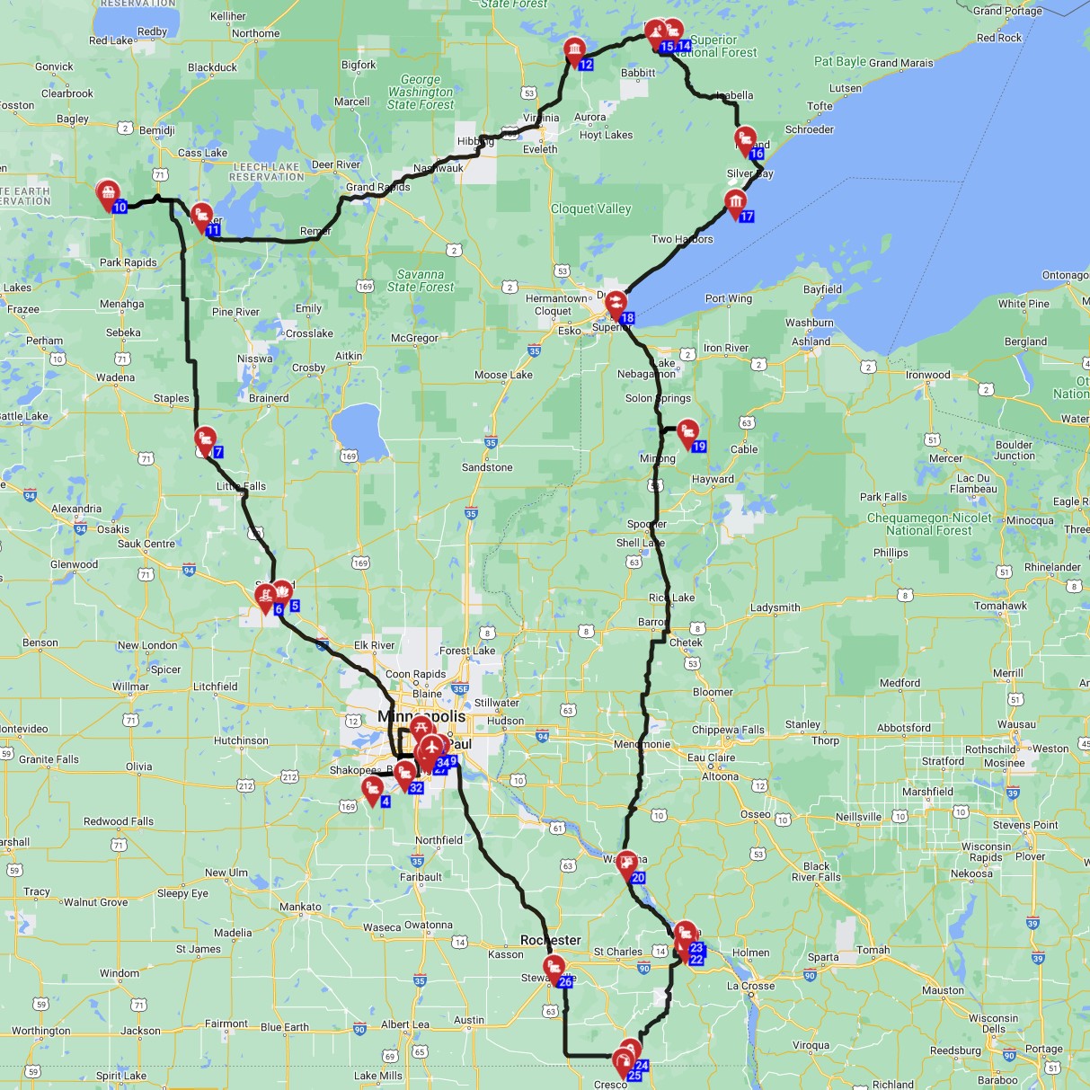 Map for Minneapolis Roundtrip - North